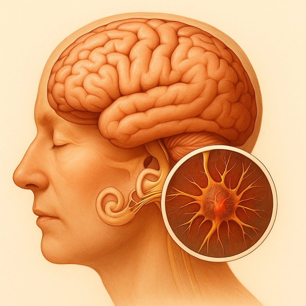 Illustration showing nerve inflammation near the inner ear linked to tinnitus